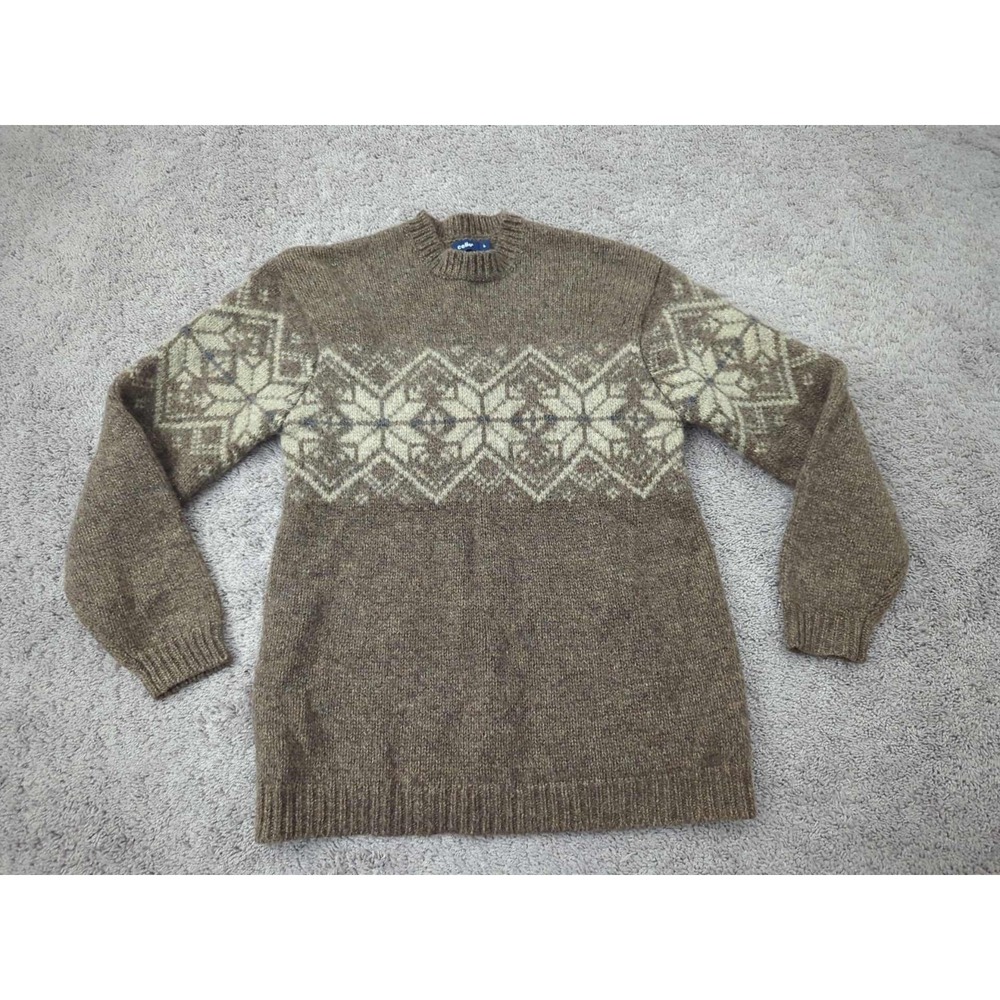 Celio* Sweater Womens Large‎ Brown Fair Isle Pullover Long Sleeve Pure Wool